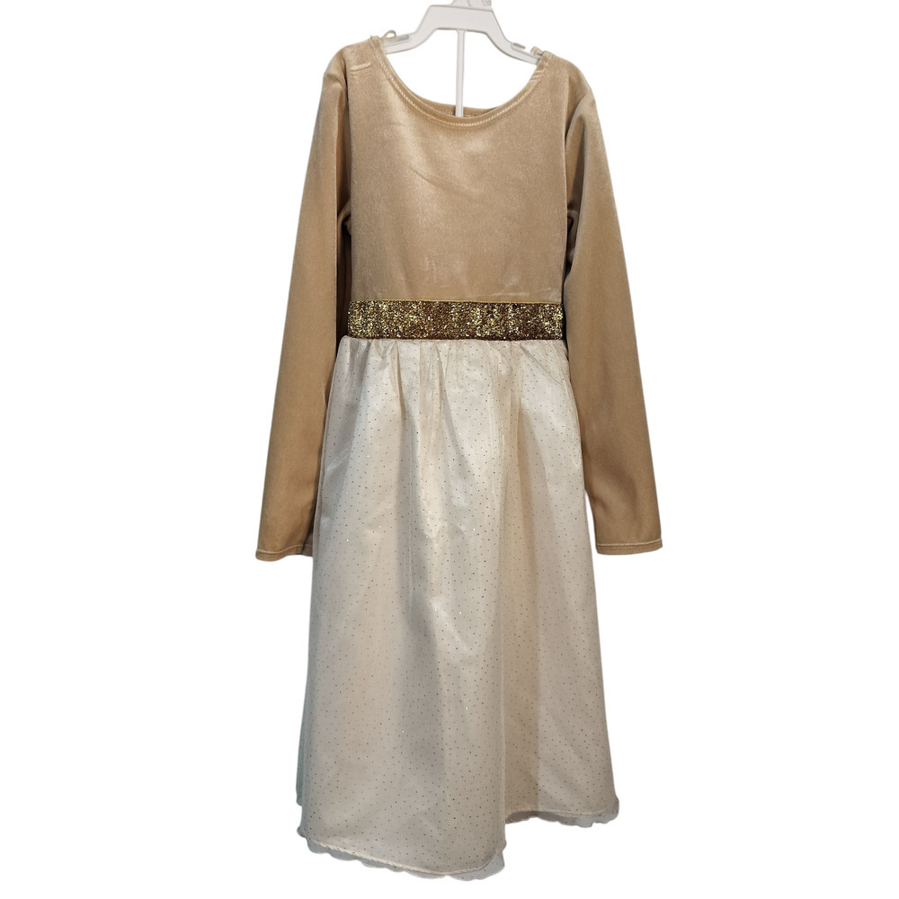 3520) Dollie & Me Girl Khaki & Cream Long Sleeve Glitter Dress Size 7